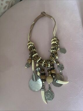 Boho Multi-Charm Beaded Necklace in Brown and Cream